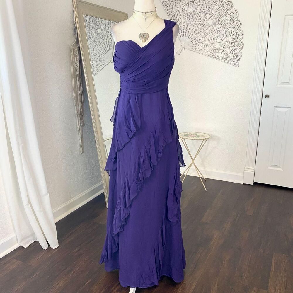 Vintage 90s Purple Goddess Silk Chiffon Tiered Ruched Evening Gown Prom Dress M
